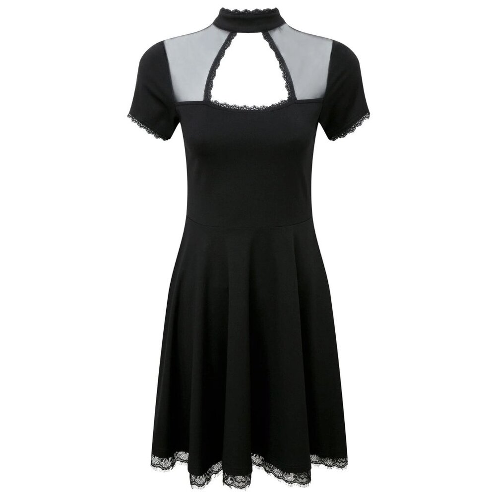 KILLSTAR Draculana Skater Dress Black Lace Trim Cutout High Neck Gothic Mini New - Picture 2 of 7